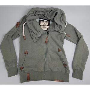 Naketano Womens Heathered Green Zip Up Sweatshirt Jacket Cowl Neck Owl Badge MED